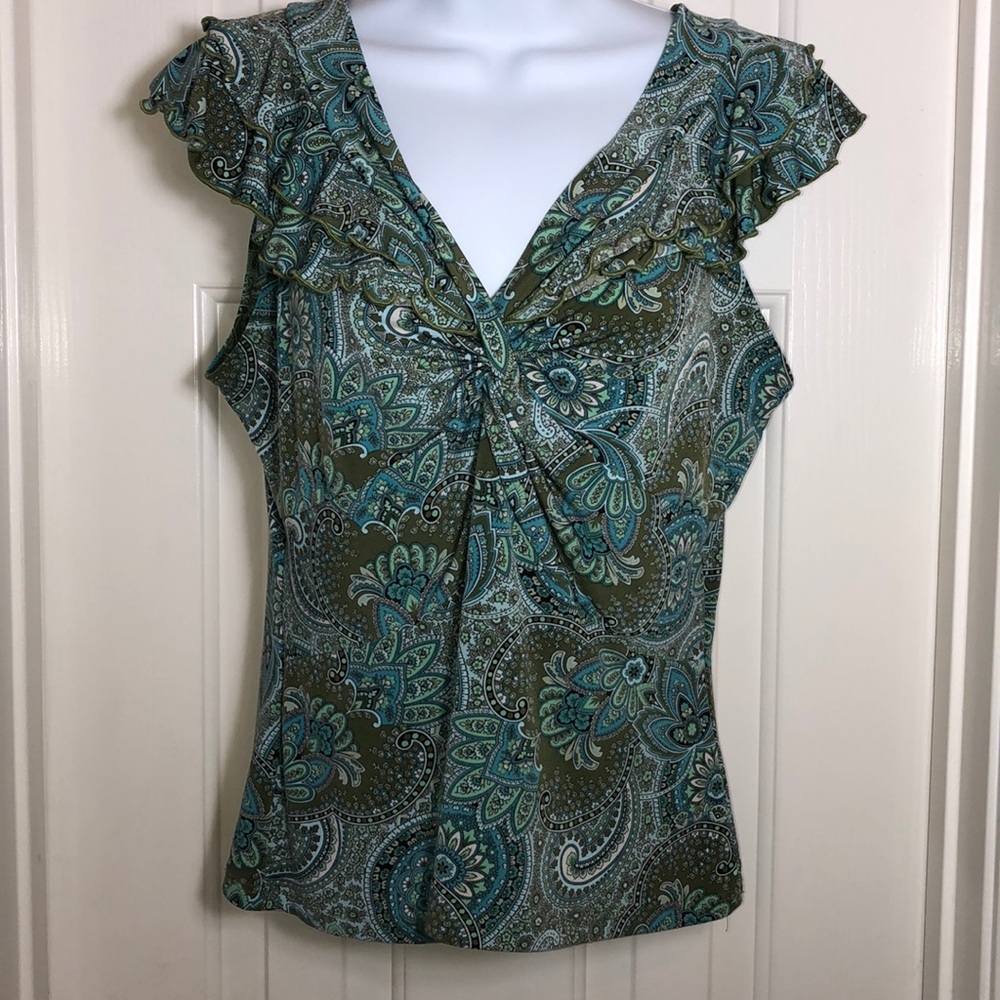 Susan Lawrence Paisley Ruffle V-Neck Blouse